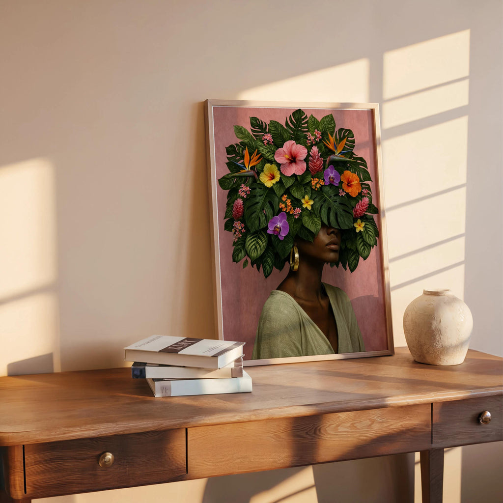 Black Girl Flower Afro Art Print Set, Floral Fashion Black Woman Decor, Botanical Afrocentric Feminist Poster, Tropical African Plant Lover