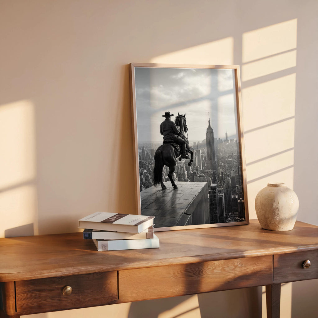 NYC Cowboy Wall Art, Horse Over Manhattan Print, Modern Western Black and White Poster