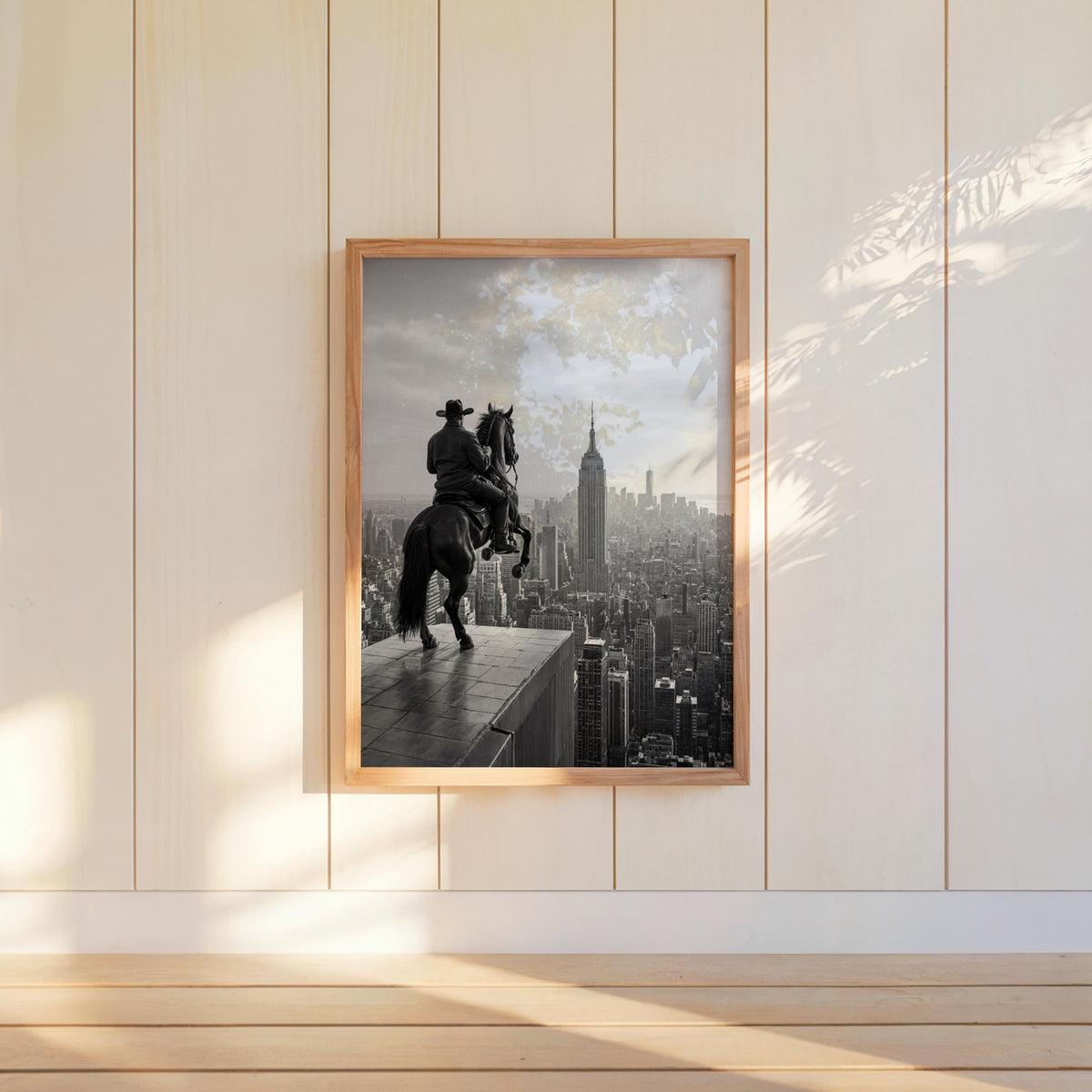 NYC Cowboy Wall Art, Horse Over Manhattan Print, Modern Western Black and White Poster