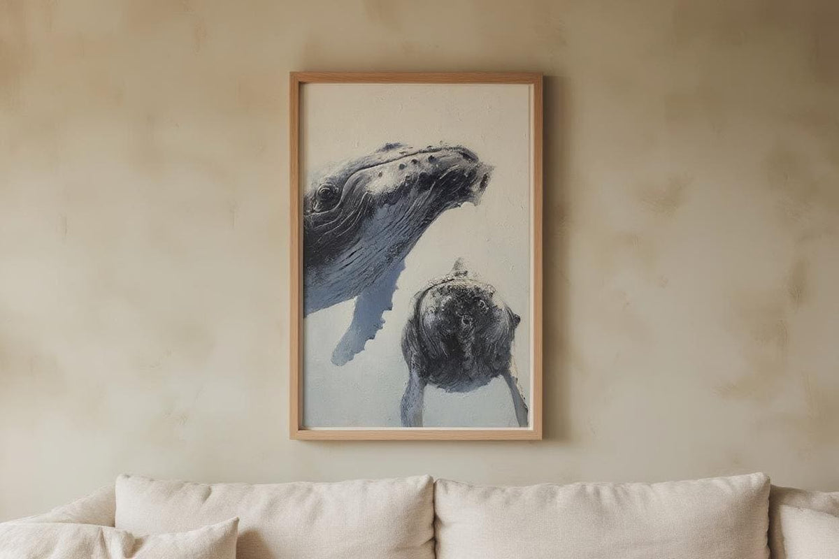 Humpback Whale Art Print, Whimsical Marine Life Wall Decor, Cute & Funny Ocean Animals, Nautical Oil Painting, Peeking Whales Illustration
