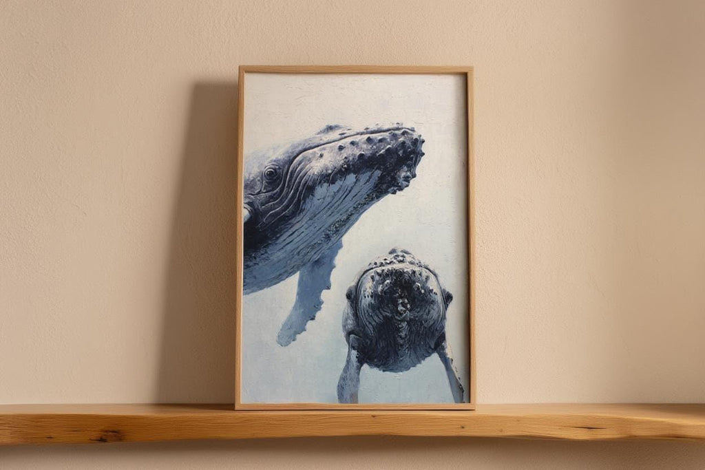 Humpback Whale Art Print, Whimsical Marine Life Wall Decor, Cute & Funny Ocean Animals, Nautical Oil Painting, Peeking Whales Illustration