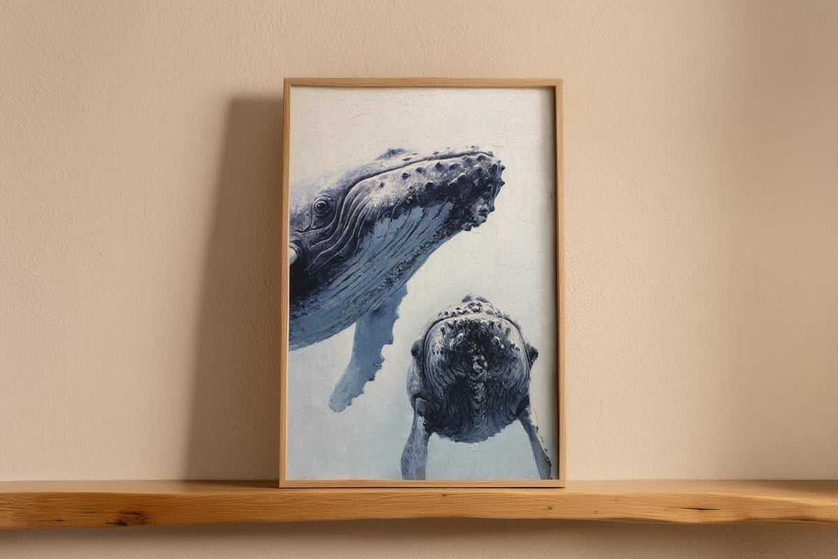 Humpback Whale Art Print, Whimsical Marine Life Wall Decor, Cute & Funny Ocean Animals, Nautical Oil Painting, Peeking Whales Illustration