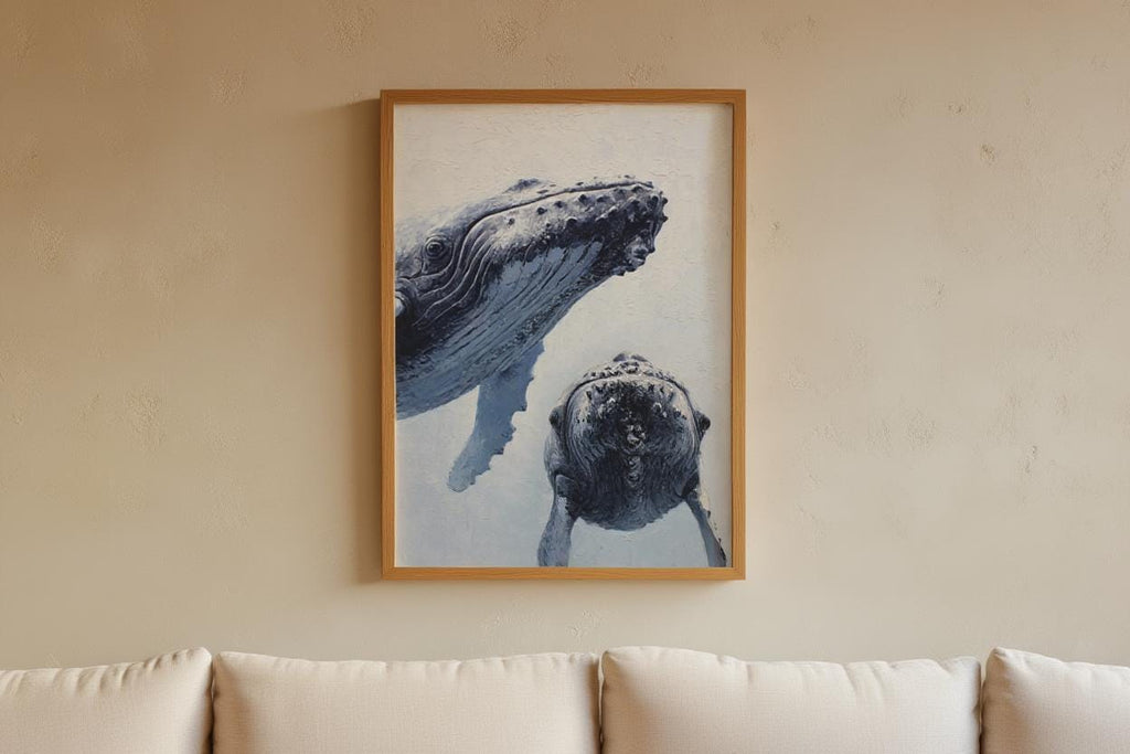 Humpback Whale Art Print, Whimsical Marine Life Wall Decor, Cute & Funny Ocean Animals, Nautical Oil Painting, Peeking Whales Illustration