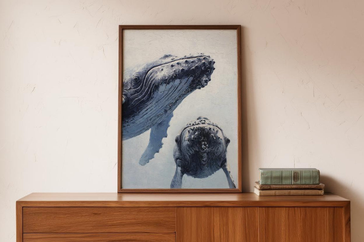 Humpback Whale Art Print, Whimsical Marine Life Wall Decor, Cute & Funny Ocean Animals, Nautical Oil Painting, Peeking Whales Illustration