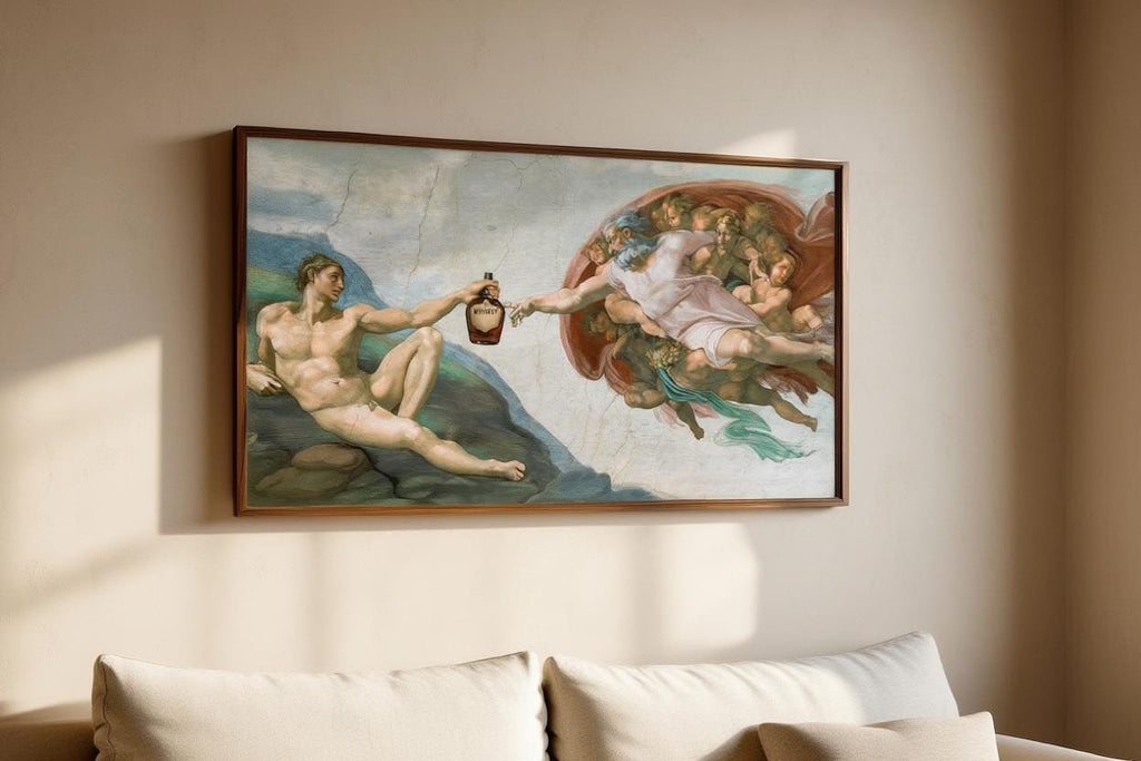 Creation of Adam Whiskey Parody Print, Funny Renaissance Bar Decor