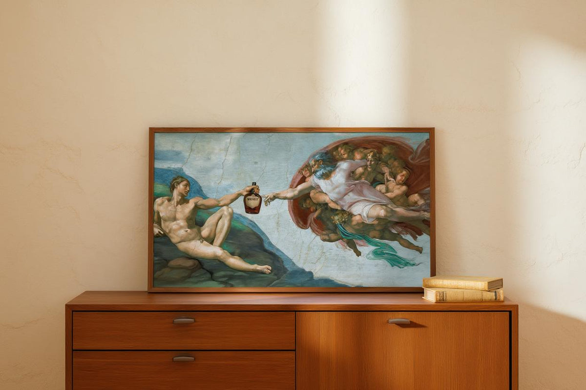 Creation of Adam Whiskey Parody Print, Funny Renaissance Bar Decor