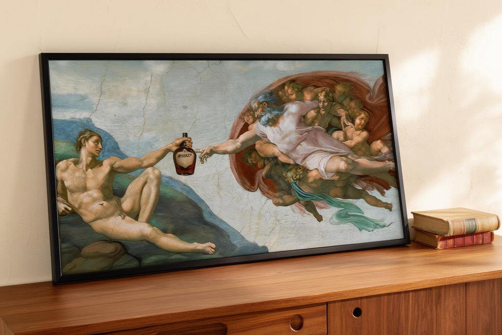 Creation of Adam Whiskey Parody Print, Funny Renaissance Bar Decor