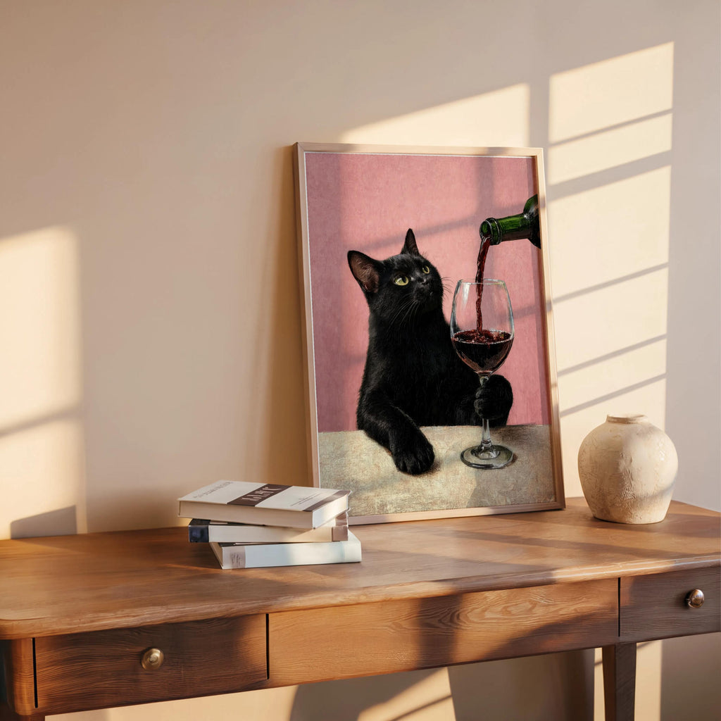 Black Cat & Red Wine Print, Moody Surreal Animal Portrait, Maximalist Cat Mom Decor, Unique Alcohol Lover Gift, Home Bar Funny Kitchen Art