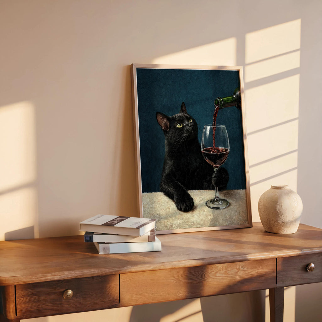 Black Cat & Red Wine Print, Moody Surreal Animal Portrait, Maximalist Cat Mom Decor, Unique Alcohol Lover Gift, Home Bar Funny Kitchen Art