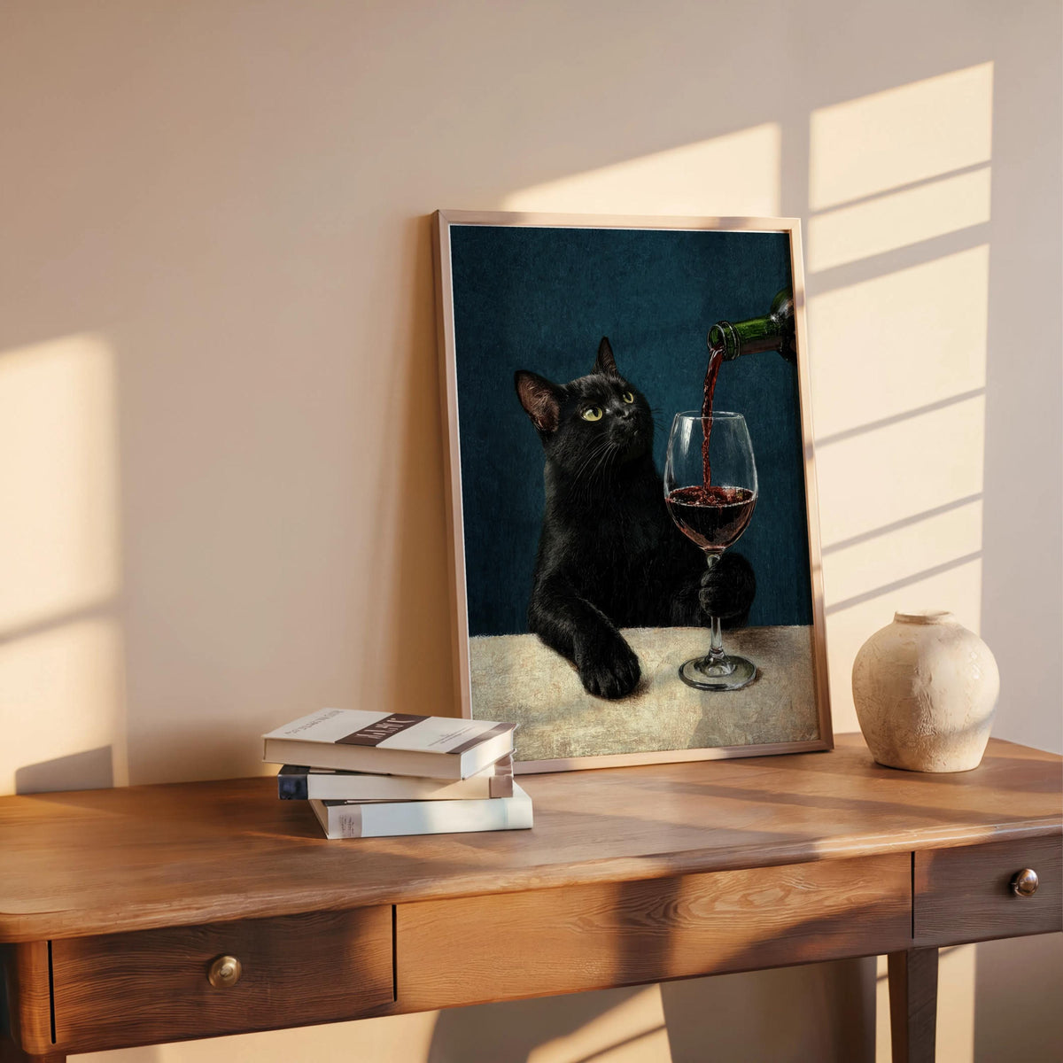 Black Cat & Red Wine Print, Moody Surreal Animal Portrait, Maximalist Cat Mom Decor, Unique Alcohol Lover Gift, Home Bar Funny Kitchen Art