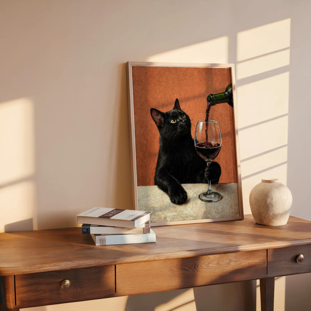 Black Cat & Red Wine Print, Moody Surreal Animal Portrait, Maximalist Cat Mom Decor, Unique Alcohol Lover Gift, Home Bar Funny Kitchen Art