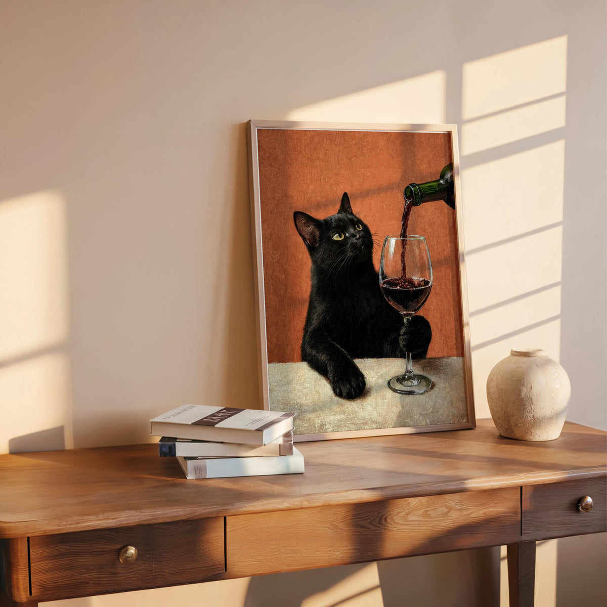 Black Cat & Red Wine Print, Moody Surreal Animal Portrait, Maximalist Cat Mom Decor, Unique Alcohol Lover Gift, Home Bar Funny Kitchen Art