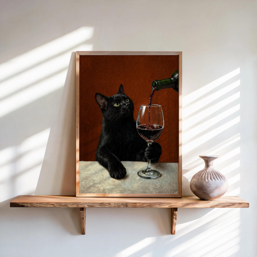 Black Cat & Red Wine Print, Moody Surreal Animal Portrait, Maximalist Cat Mom Decor, Unique Alcohol Lover Gift, Home Bar Funny Kitchen Art