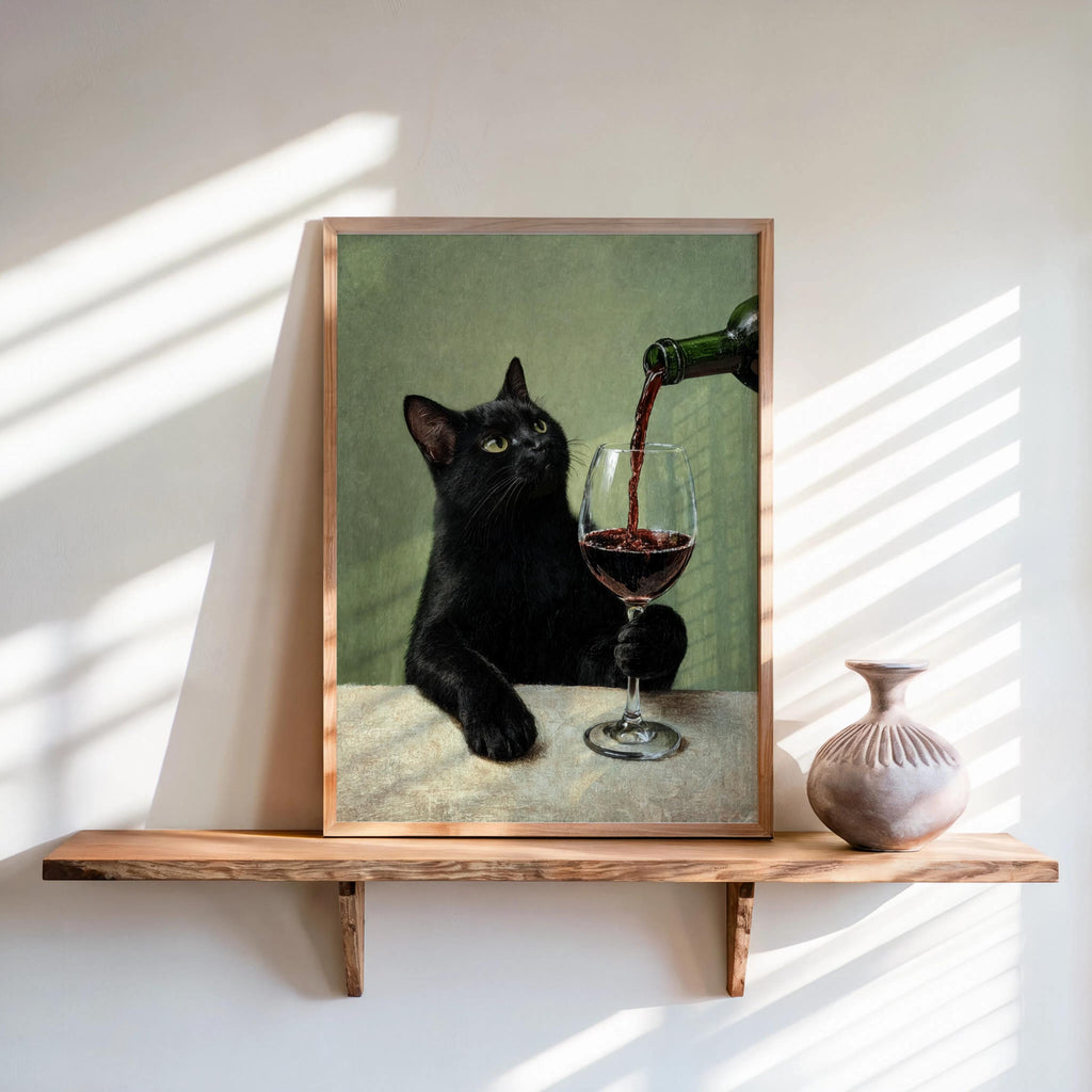 Black Cat & Red Wine Print, Moody Surreal Animal Portrait, Maximalist Cat Mom Decor, Unique Alcohol Lover Gift, Home Bar Funny Kitchen Art