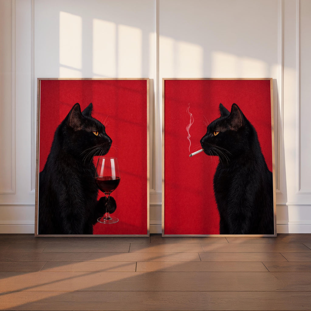 Black Cat Drinking Wine & Smoking Print Set of 2, Surreal Animal Duo, Cigarette Alcohol Home Decor, Unique Bar Cart Art, Funny Wall Decor