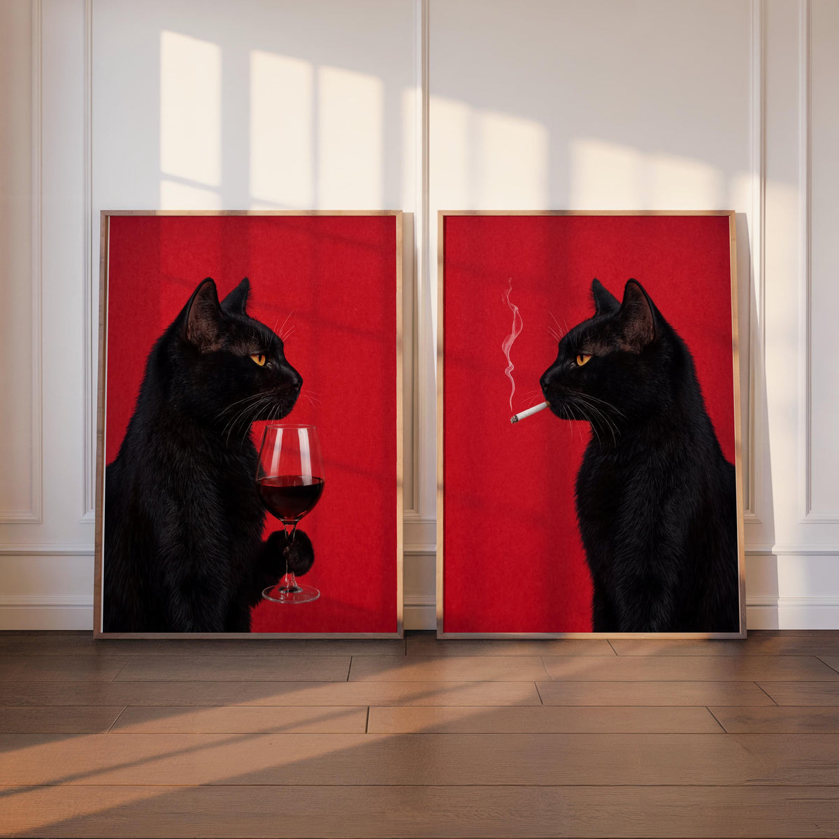 Black Cat Drinking Wine & Smoking Print Set of 2, Surreal Animal Duo, Cigarette Alcohol Home Decor, Unique Bar Cart Art, Funny Wall Decor
