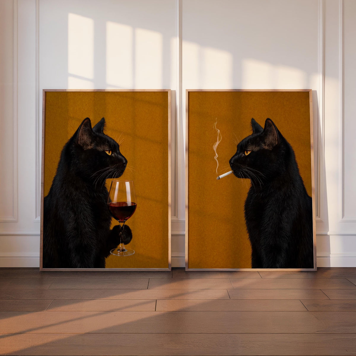Black Cat Drinking Wine & Smoking Print Set of 2, Surreal Animal Duo, Cigarette Alcohol Home Decor, Unique Bar Cart Art, Funny Wall Decor