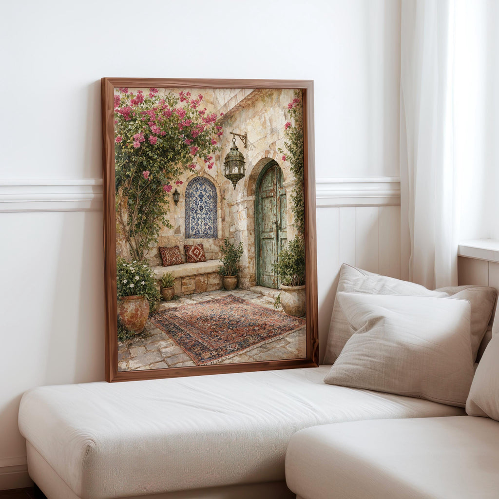 Palestinian Courtyard Arabic Wall Art, Middle Eastern Tiles Print, Mediterranean Olive Tree Garden, Traditional Islamic Architecture Decor