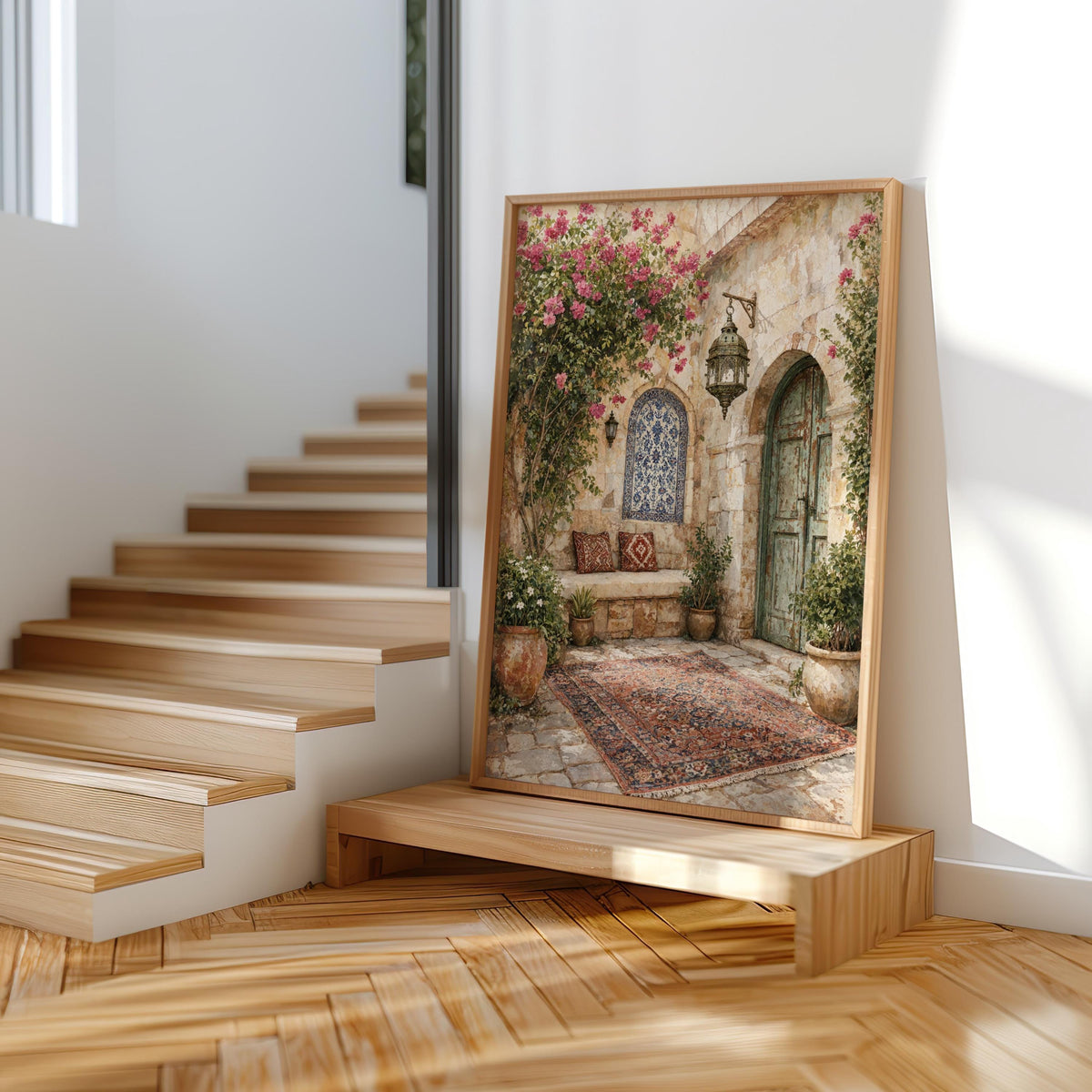 Palestinian Courtyard Arabic Wall Art, Middle Eastern Tiles Print, Mediterranean Olive Tree Garden, Traditional Islamic Architecture Decor