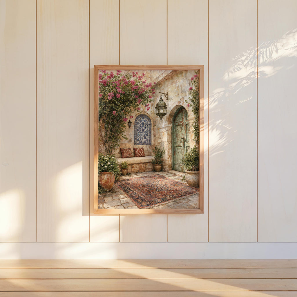 Palestinian Courtyard Arabic Wall Art, Middle Eastern Tiles Print, Mediterranean Olive Tree Garden, Traditional Islamic Architecture Decor