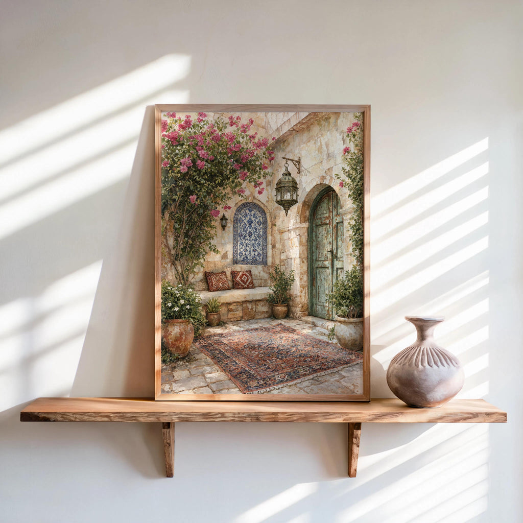 Palestinian Courtyard Arabic Wall Art, Middle Eastern Tiles Print, Mediterranean Olive Tree Garden, Traditional Islamic Architecture Decor