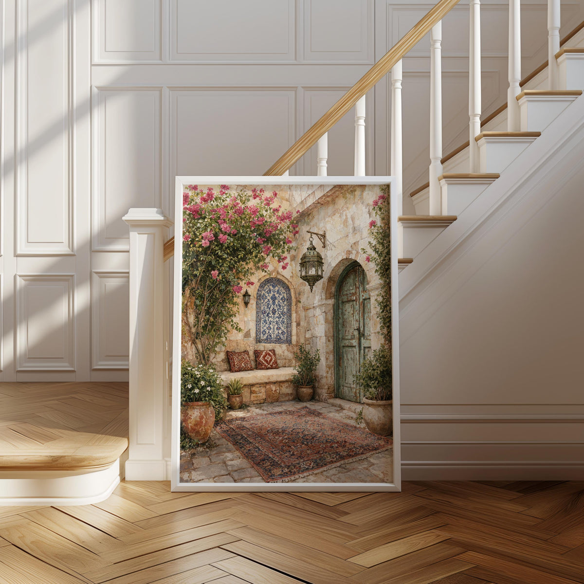 Palestinian Courtyard Arabic Wall Art, Middle Eastern Tiles Print, Mediterranean Olive Tree Garden, Traditional Islamic Architecture Decor