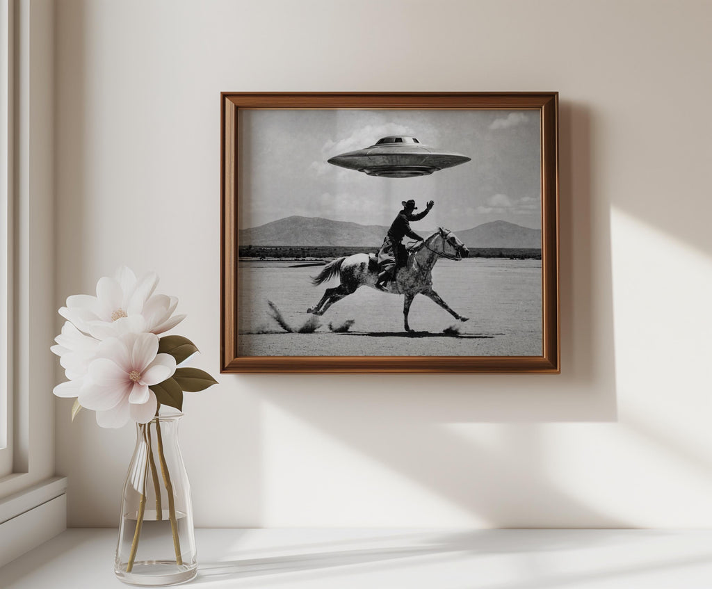 Cowboy UFO Wall Art, Surreal Western Horse Print, Vintage Sci Fi Desert Poster, Quirky Ranch Decor, Alien Lover Gift, Equestrian Artwork