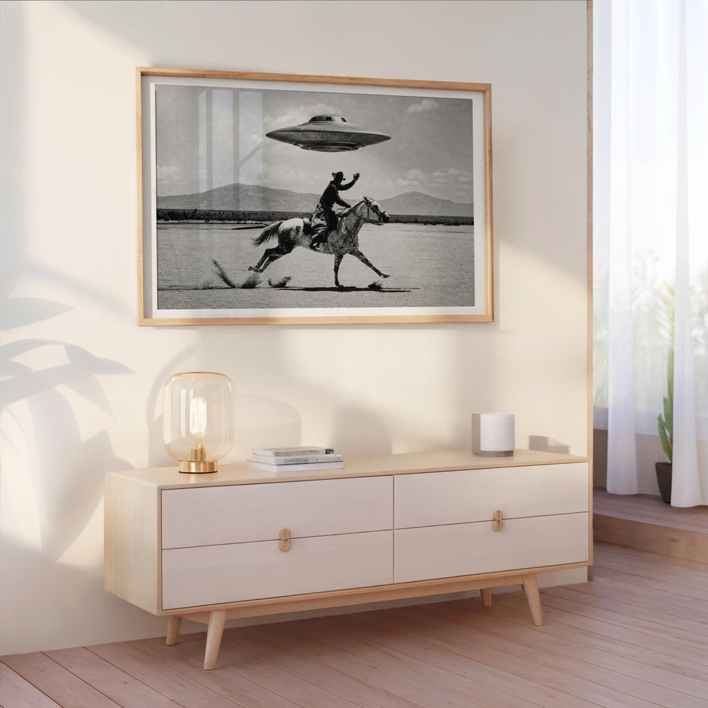 Cowboy UFO Wall Art, Surreal Western Horse Print, Vintage Sci Fi Desert Poster, Quirky Ranch Decor, Alien Lover Gift, Equestrian Artwork