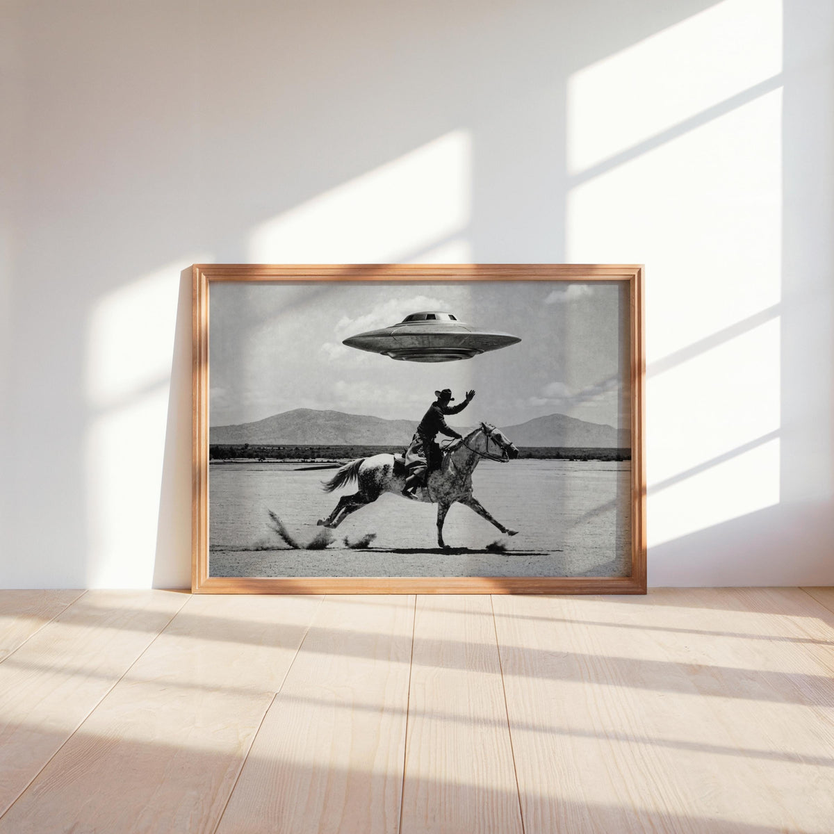 Cowboy UFO Wall Art, Surreal Western Horse Print, Vintage Sci Fi Desert Poster, Quirky Ranch Decor, Alien Lover Gift, Equestrian Artwork