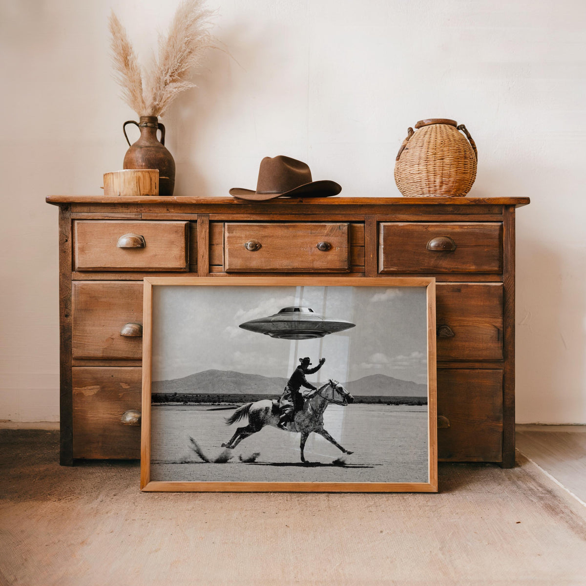 Cowboy UFO Wall Art, Surreal Western Horse Print, Vintage Sci Fi Desert Poster, Quirky Ranch Decor, Alien Lover Gift, Equestrian Artwork