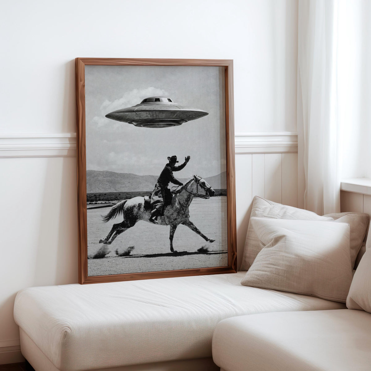 Cowboy UFO Wall Art, Surreal Western Horse Print, Vintage Sci Fi Desert Poster, Quirky Ranch Decor, Alien Lover Gift, Equestrian Artwork
