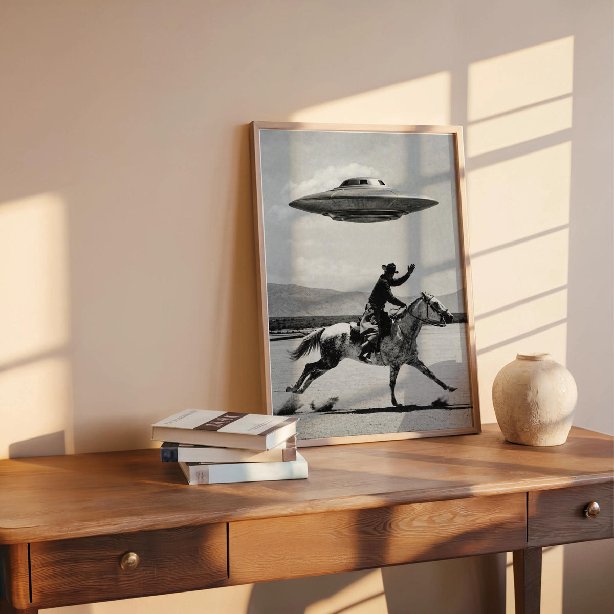 Cowboy UFO Wall Art, Surreal Western Horse Print, Vintage Sci Fi Desert Poster, Quirky Ranch Decor, Alien Lover Gift, Equestrian Artwork