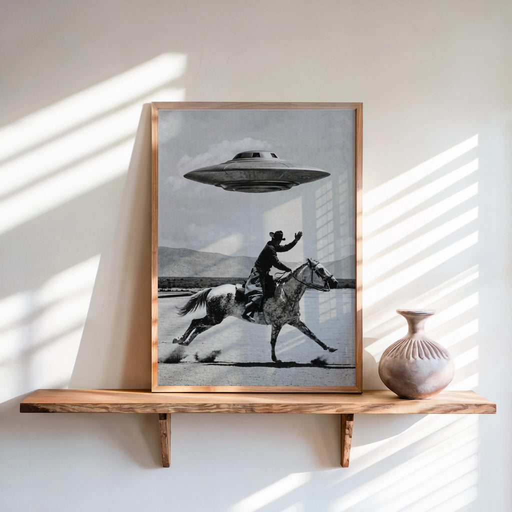 Cowboy UFO Wall Art, Surreal Western Horse Print, Vintage Sci Fi Desert Poster, Quirky Ranch Decor, Alien Lover Gift, Equestrian Artwork