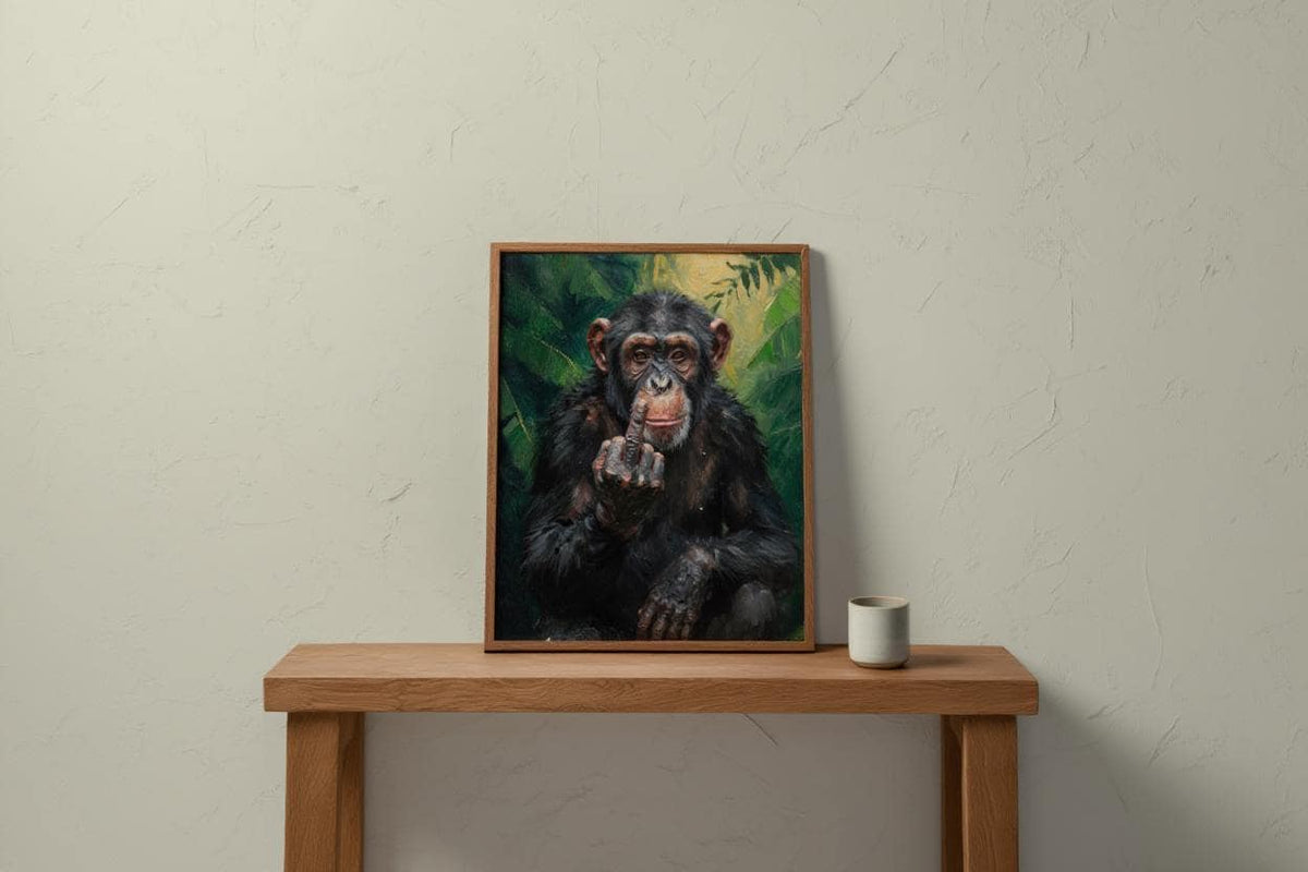 Chimp Middle Finger Wall Art, Funny Monkey Portrait Print, Rude Animal Office Decor, Jungle Poster, Sarcastic Gift, Home Bar Painting
