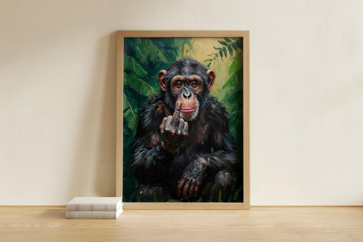 Chimp Middle Finger Wall Art, Funny Monkey Portrait Print, Rude Animal Office Decor, Jungle Poster, Sarcastic Gift, Home Bar Painting