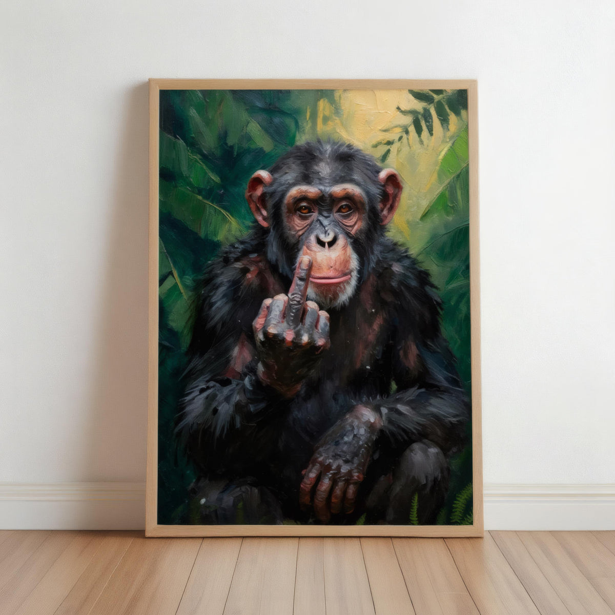 Chimp Middle Finger Wall Art, Funny Monkey Portrait Print, Rude Animal Office Decor, Jungle Poster, Sarcastic Gift, Home Bar Painting
