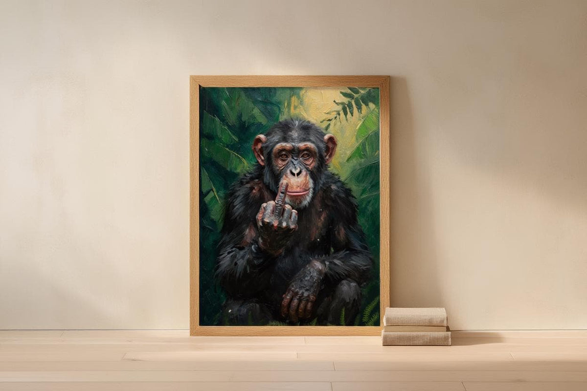Chimp Middle Finger Wall Art, Funny Monkey Portrait Print, Rude Animal Office Decor, Jungle Poster, Sarcastic Gift, Home Bar Painting