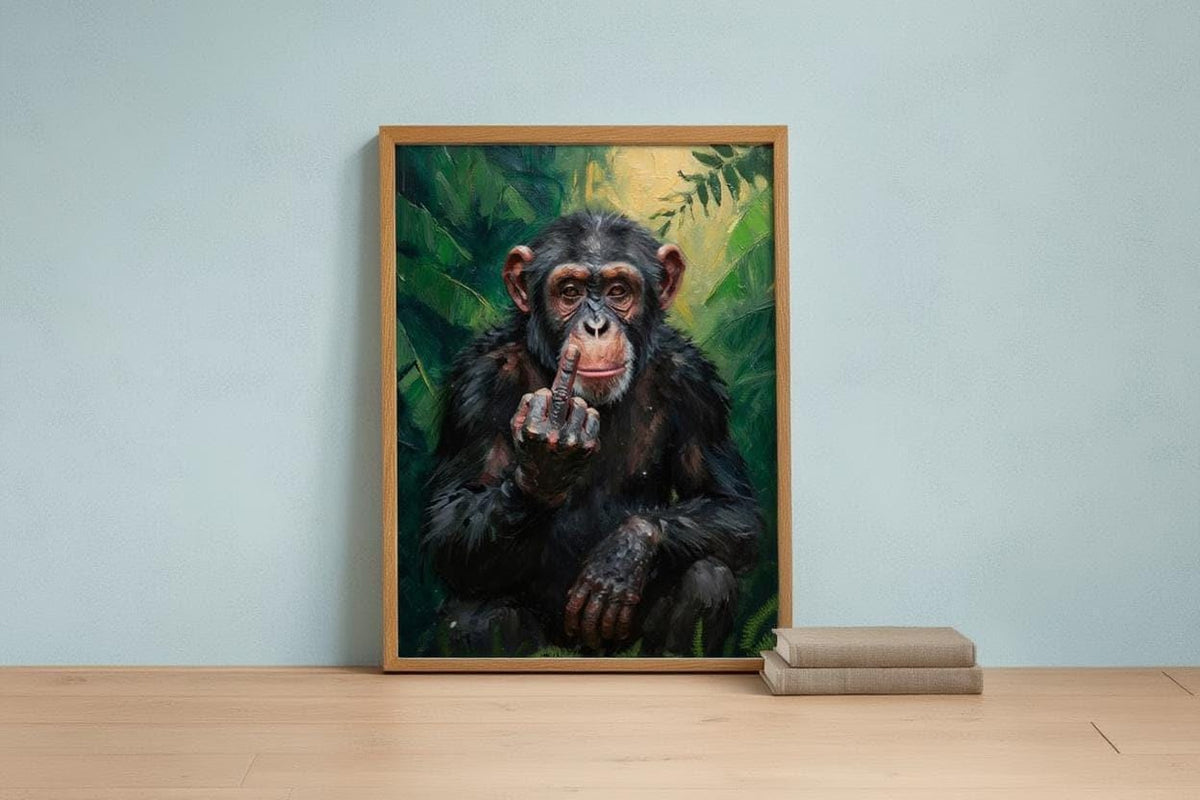 Chimp Middle Finger Wall Art, Funny Monkey Portrait Print, Rude Animal Office Decor, Jungle Poster, Sarcastic Gift, Home Bar Painting