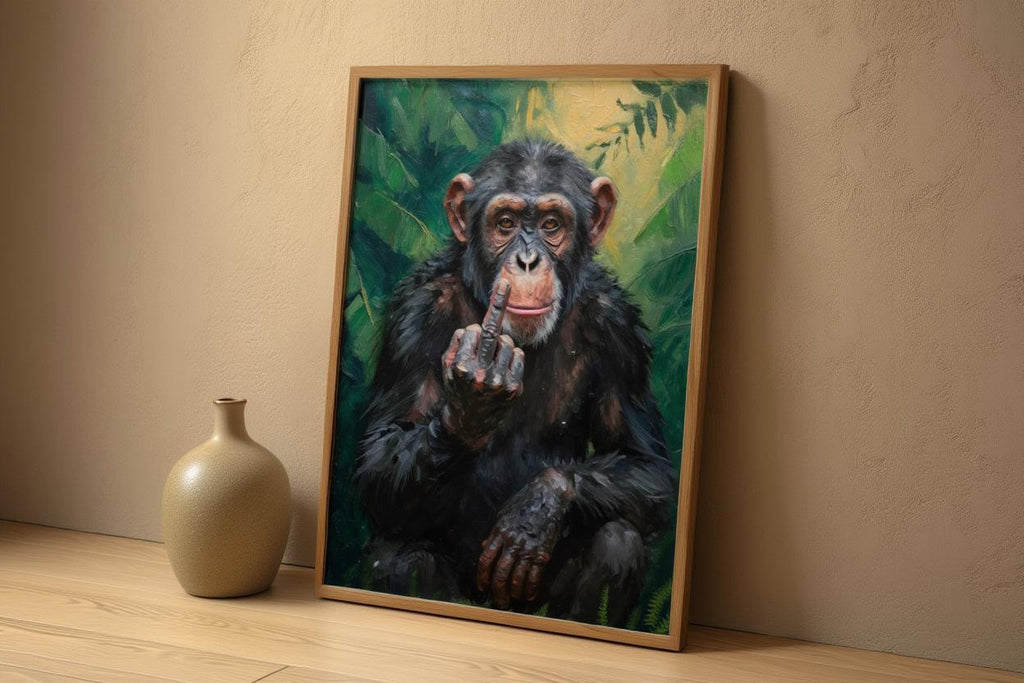 Chimp Middle Finger Wall Art, Funny Monkey Portrait Print, Rude Animal Office Decor, Jungle Poster, Sarcastic Gift, Home Bar Painting