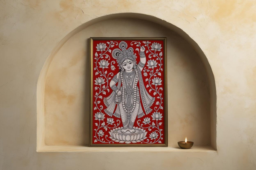 Shreenathji Kalamkari Wall Art, Hindu God Lord Krishna Painting, Red Traditional Indian Folk Art Print, Pichwai Shrinathji Poster