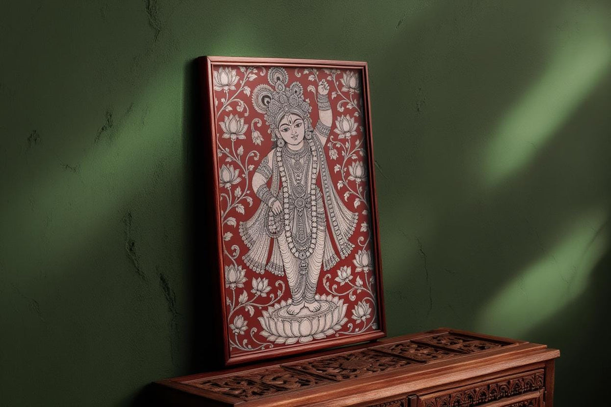 Shreenathji Kalamkari Wall Art, Hindu God Lord Krishna Painting, Red Traditional Indian Folk Art Print, Pichwai Shrinathji Poster