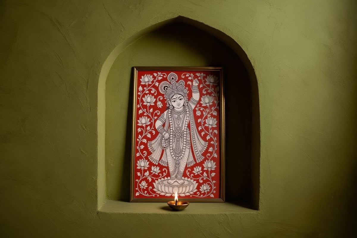 Shreenathji Kalamkari Wall Art, Hindu God Lord Krishna Painting, Red Traditional Indian Folk Art Print, Pichwai Shrinathji Poster