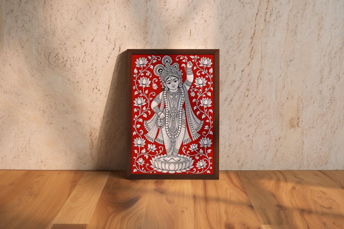 Shreenathji Kalamkari Wall Art, Hindu God Lord Krishna Painting, Red Traditional Indian Folk Art Print, Pichwai Shrinathji Poster