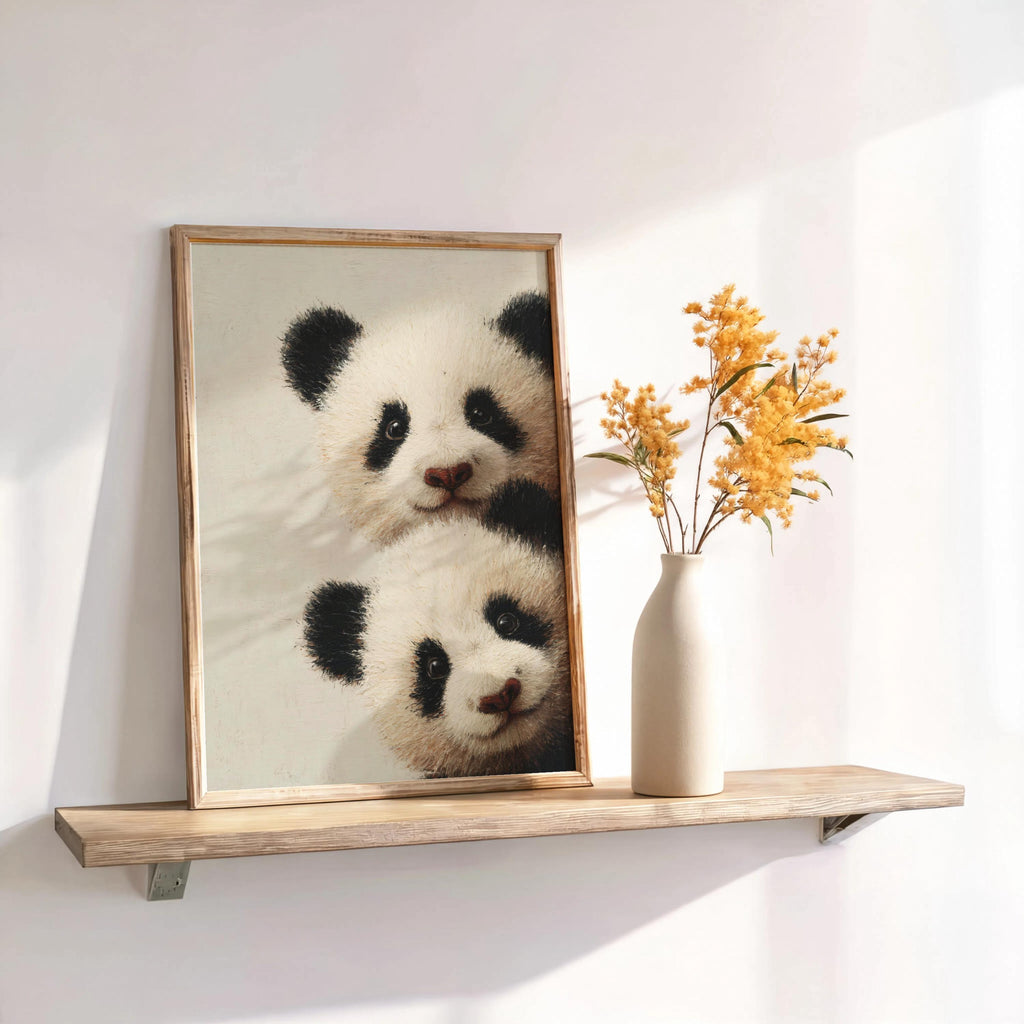 Baby pandas wall art: two giant panda cubs peeking from the edge in a light-wood framed print for baby panda nursery decor.