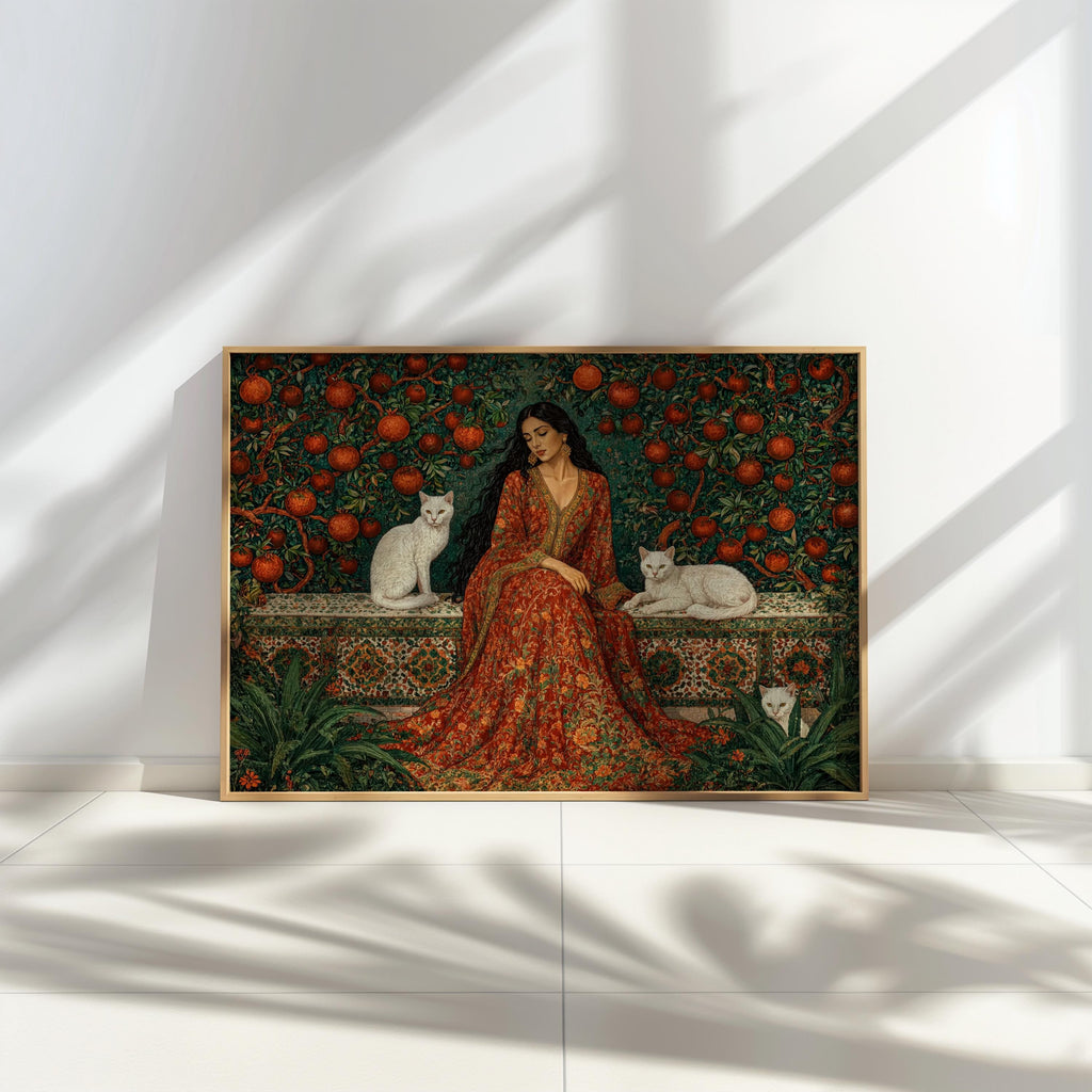 Iranian Woman & Cats in Persian Pomegranate Tree Garden Print, Middle Eastern Botanical Wall Art, Romantic Flower Decor, Elegant Courtyard
