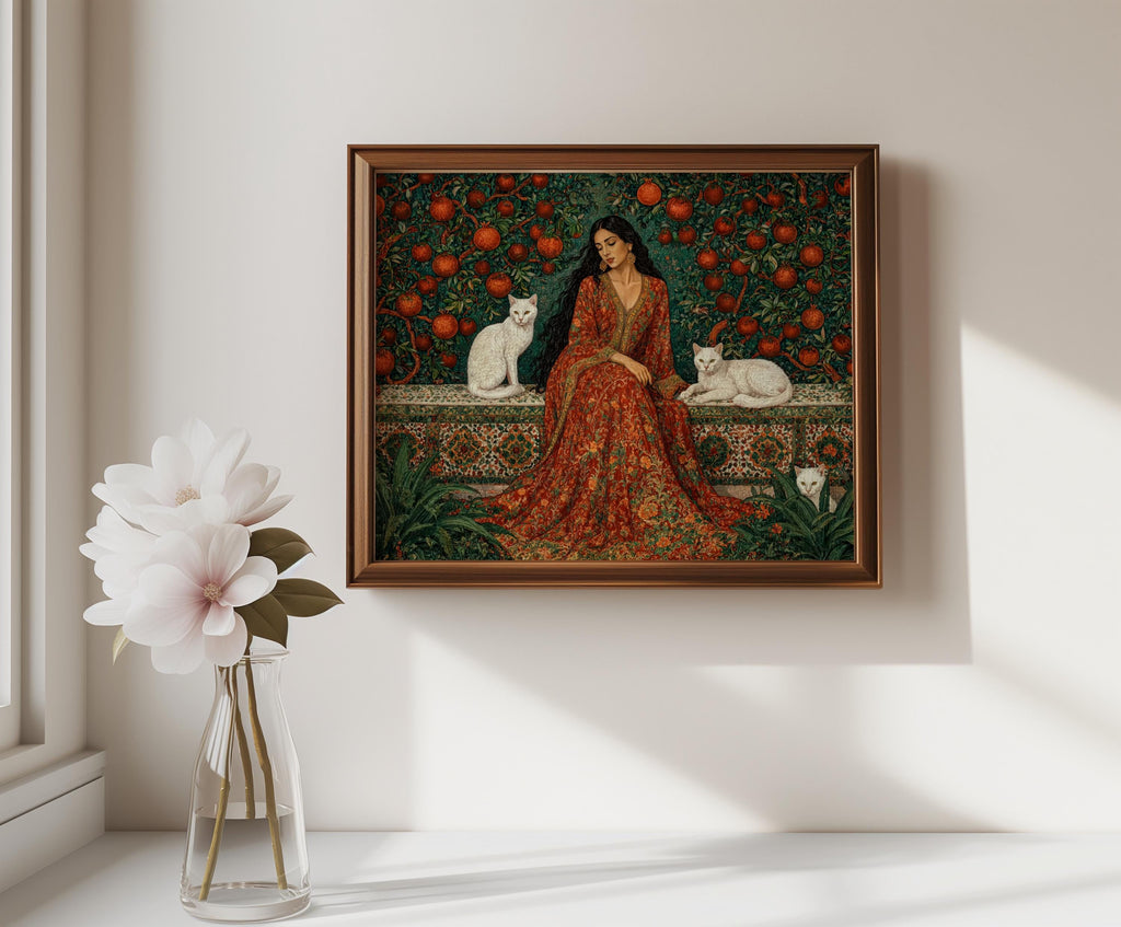 Iranian Woman & Cats in Persian Pomegranate Tree Garden Print, Middle Eastern Botanical Wall Art, Romantic Flower Decor, Elegant Courtyard
