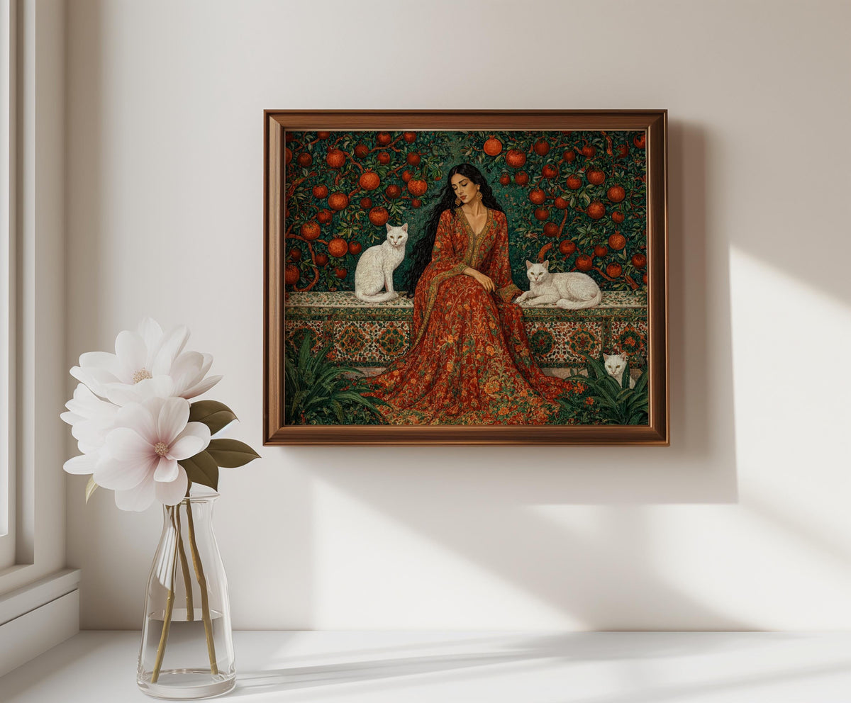 Iranian Woman & Cats in Persian Pomegranate Tree Garden Print, Middle Eastern Botanical Wall Art, Romantic Flower Decor, Elegant Courtyard