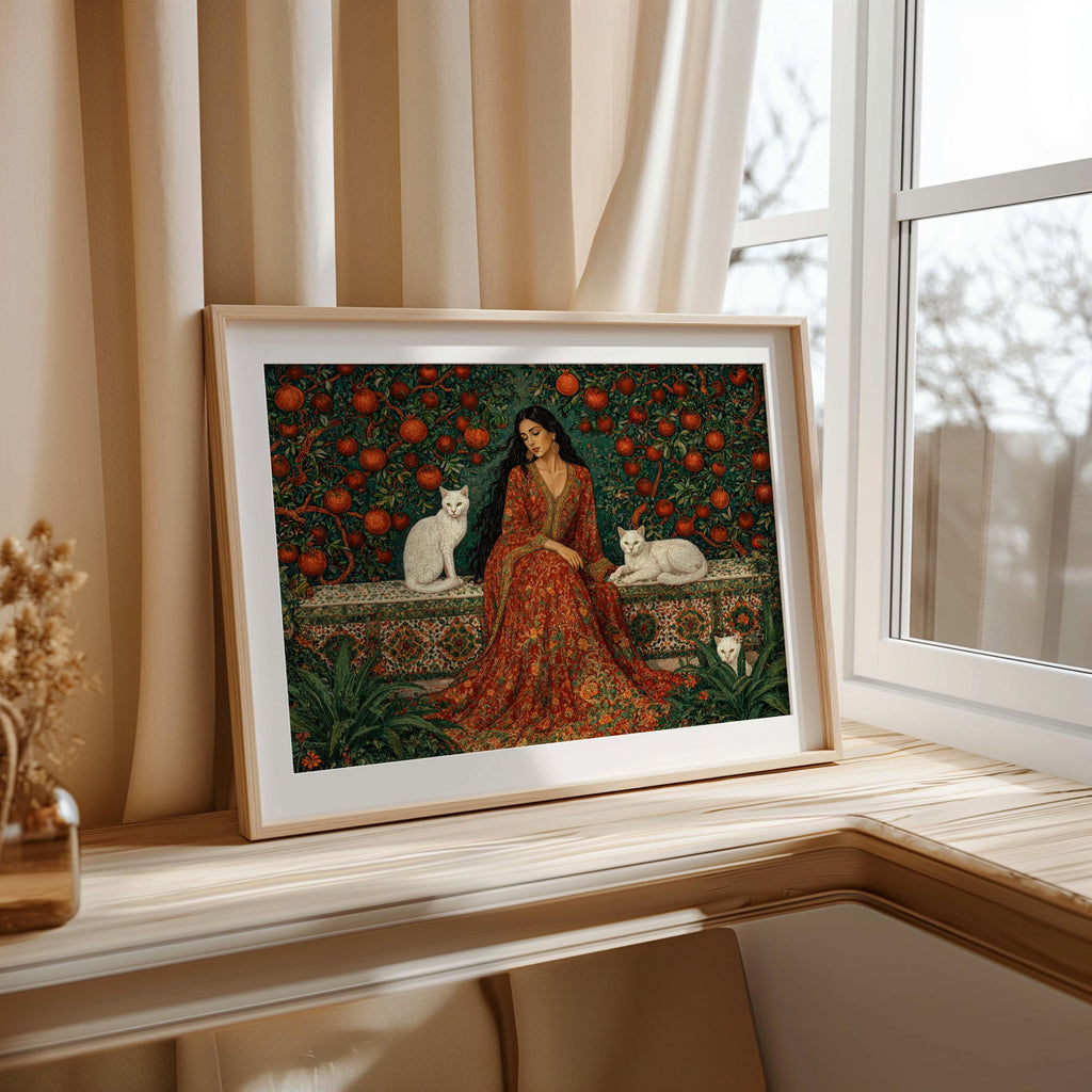 Iranian Woman & Cats in Persian Pomegranate Tree Garden Print, Middle Eastern Botanical Wall Art, Romantic Flower Decor, Elegant Courtyard