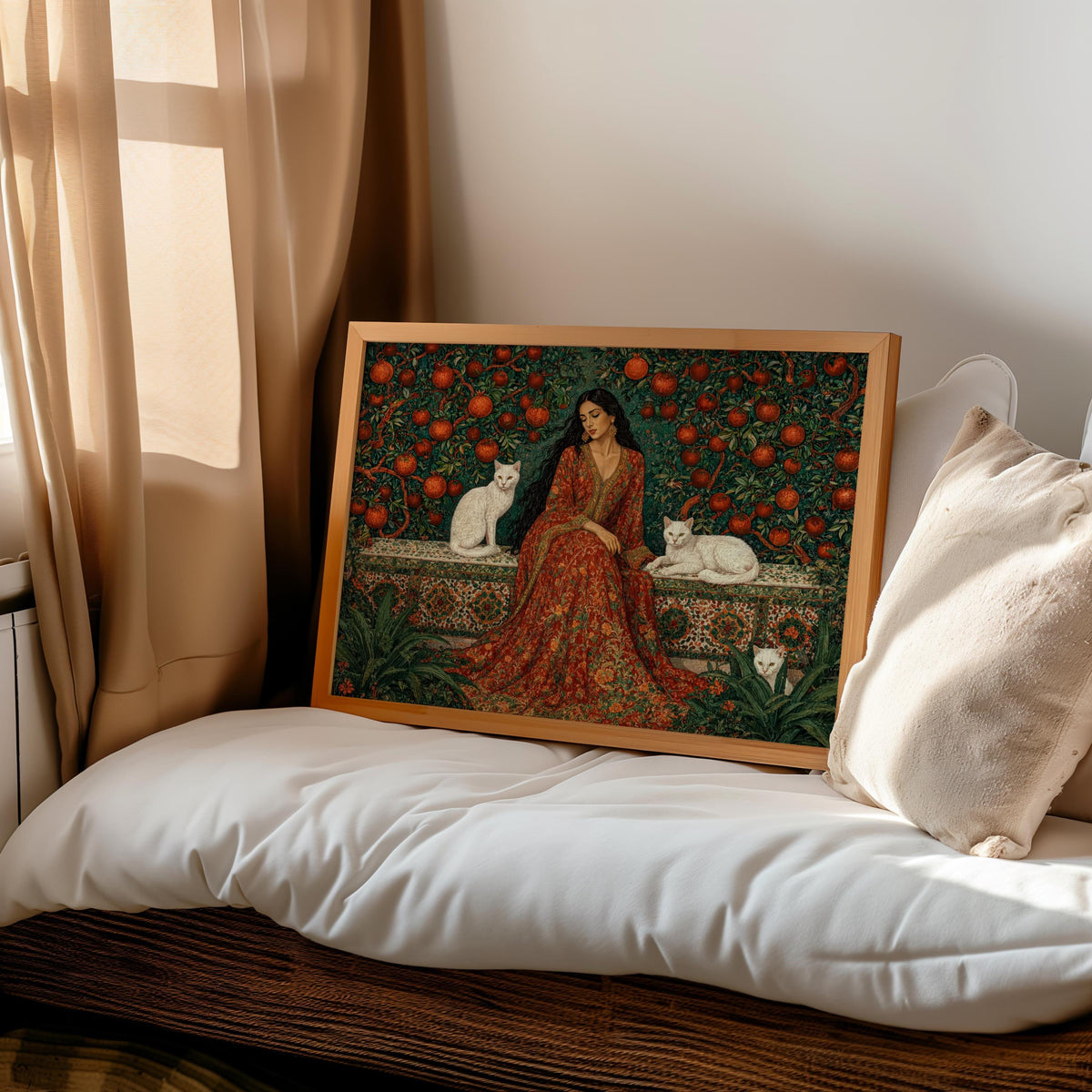 Iranian Woman & Cats in Persian Pomegranate Tree Garden Print, Middle Eastern Botanical Wall Art, Romantic Flower Decor, Elegant Courtyard