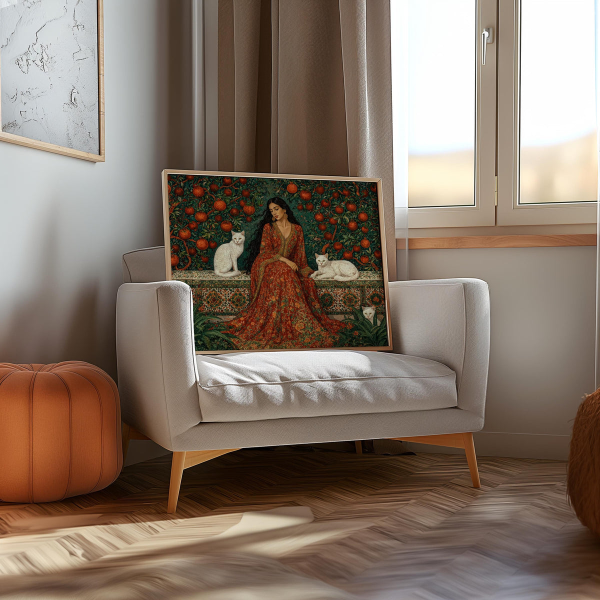 Iranian Woman & Cats in Persian Pomegranate Tree Garden Print, Middle Eastern Botanical Wall Art, Romantic Flower Decor, Elegant Courtyard